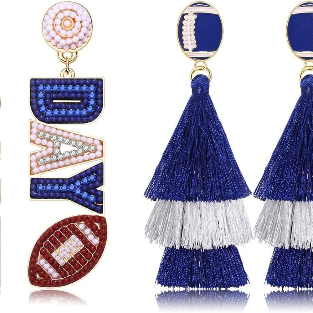 Game Day Football Earrings Beaded Tassel Spirit Accessories for Women